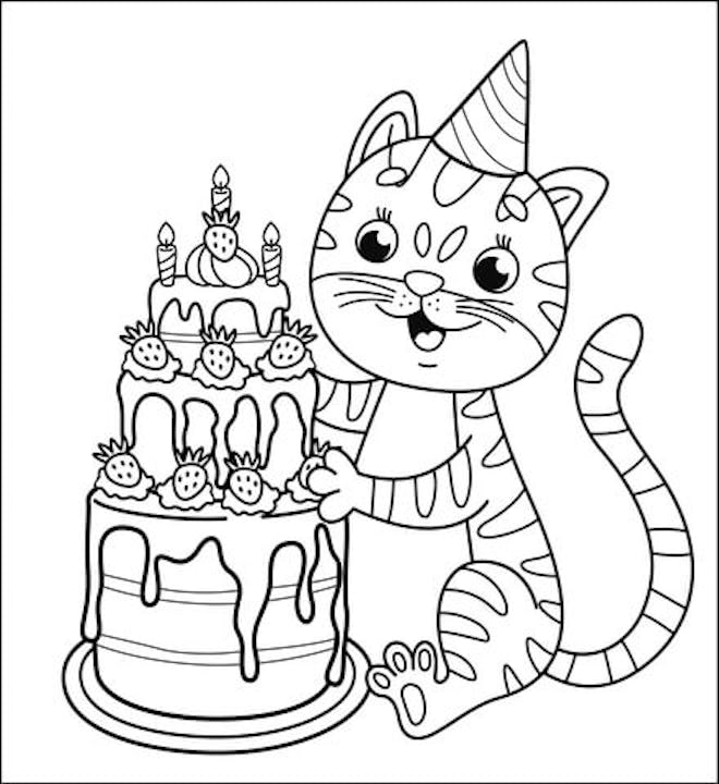 Cat Coloring Page: Cat with a birthday hat on sitting in front of birthday cake