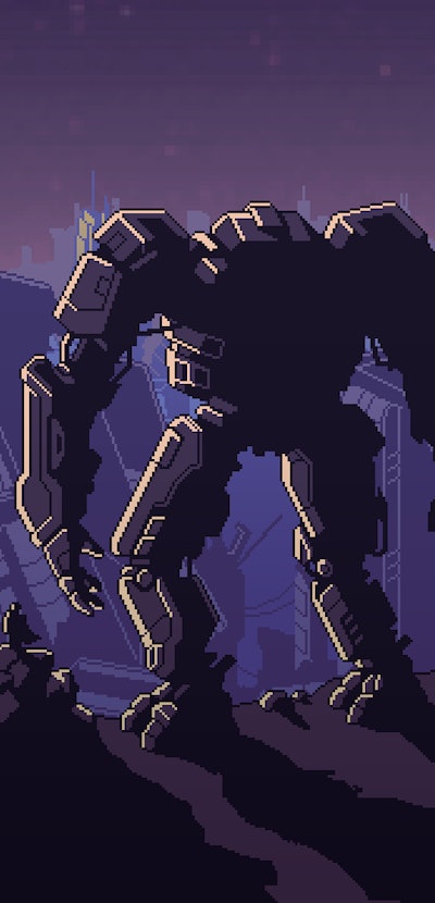 robot in front of ruined city from Into the Breach