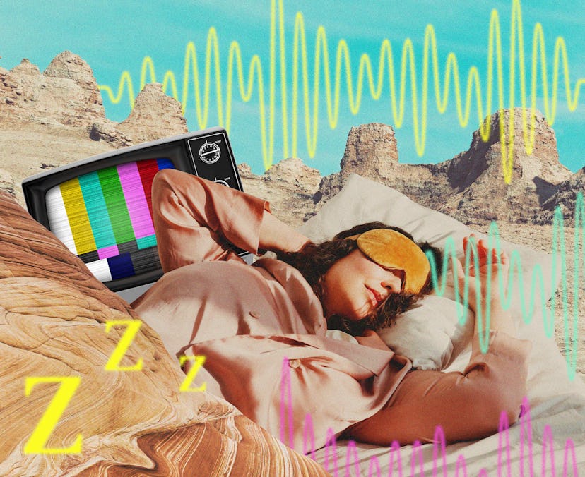 An abstract collage of a woman with a sleeping mask who sleeps wth background noise