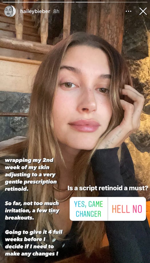 Instagram story of Hailey Bieber with her selfie and "is a script retinoid a must" question