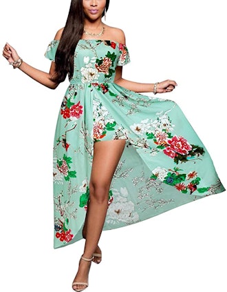 BIUBIU Women's Off Shoulder Floral Rayon Maxi Romper Dress