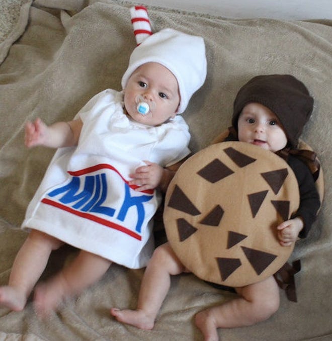 Twin babies wearing milk and cookies costumes