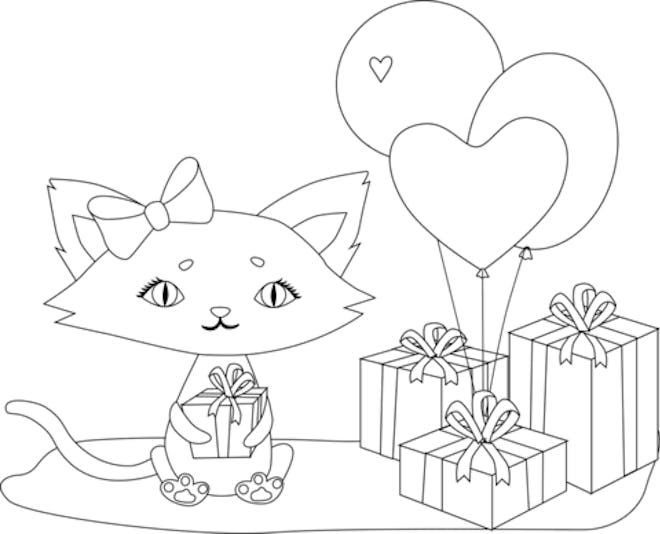 Cat coloring page; cat with presents around it and a bundle of balloons