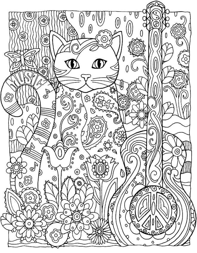 Cat Coloring Page; Adult coloring page of cat with guitar, peace signs, and flowers