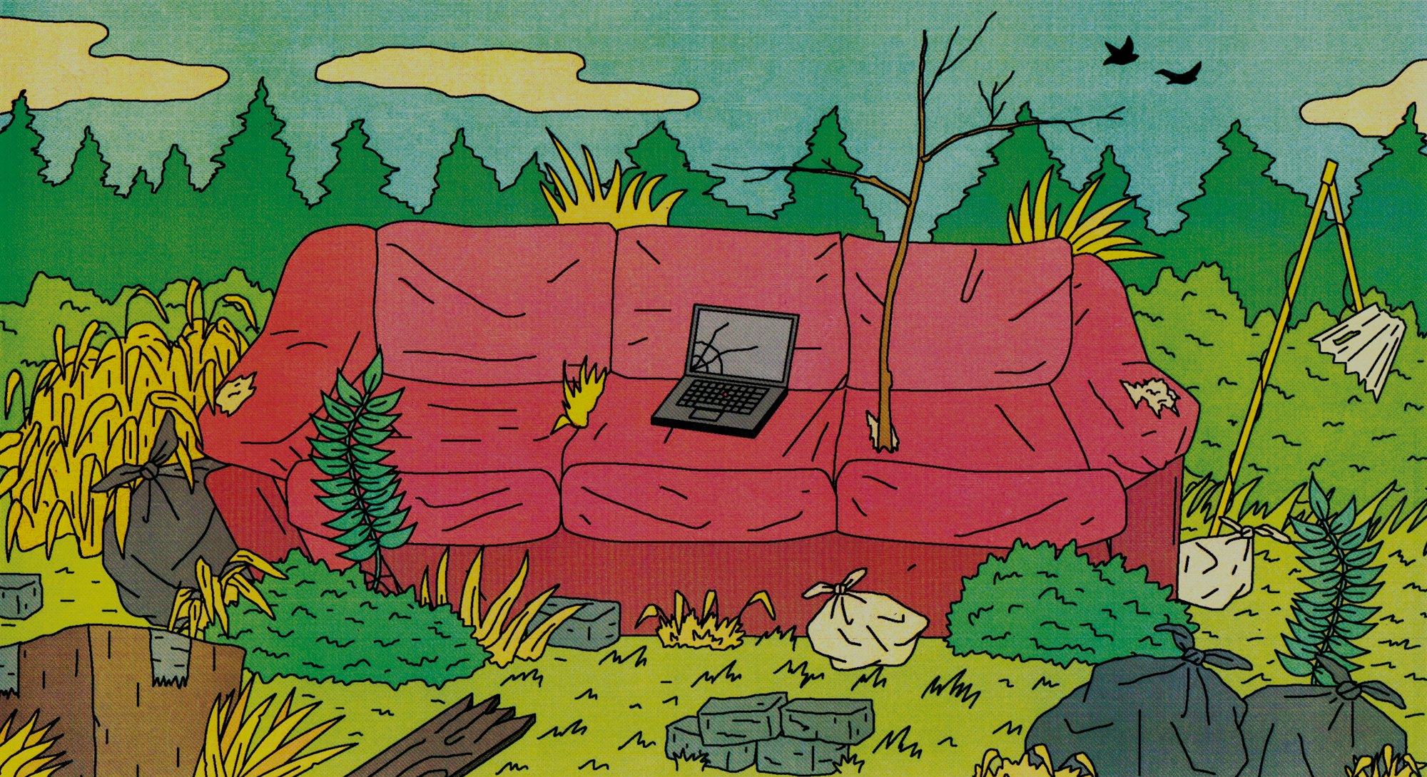 An illustration of an old ruined couch in the wilderness amid trash