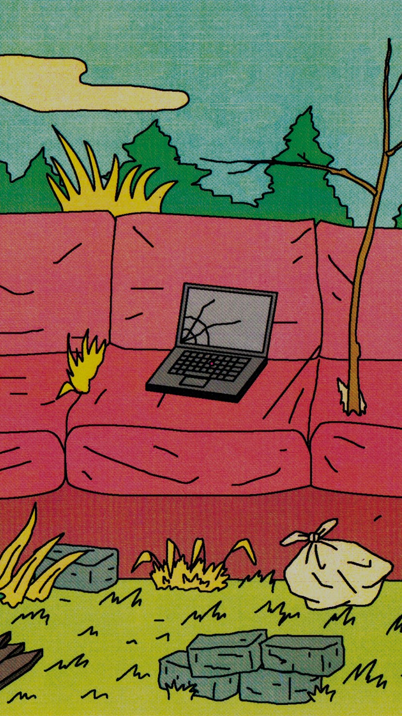 An illustration of an old ruined couch in the wilderness amid trash