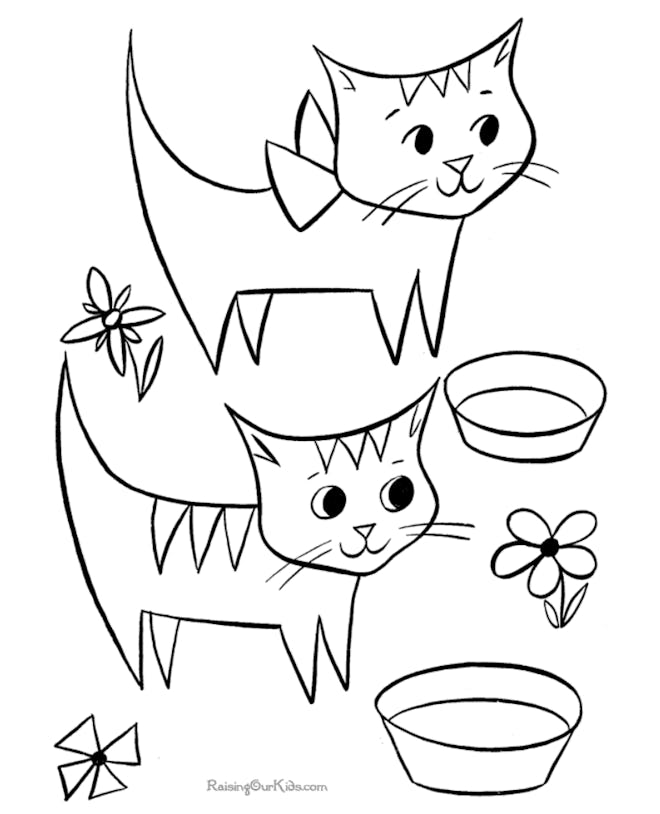Cat coloring page; two cats eating out of bowls 