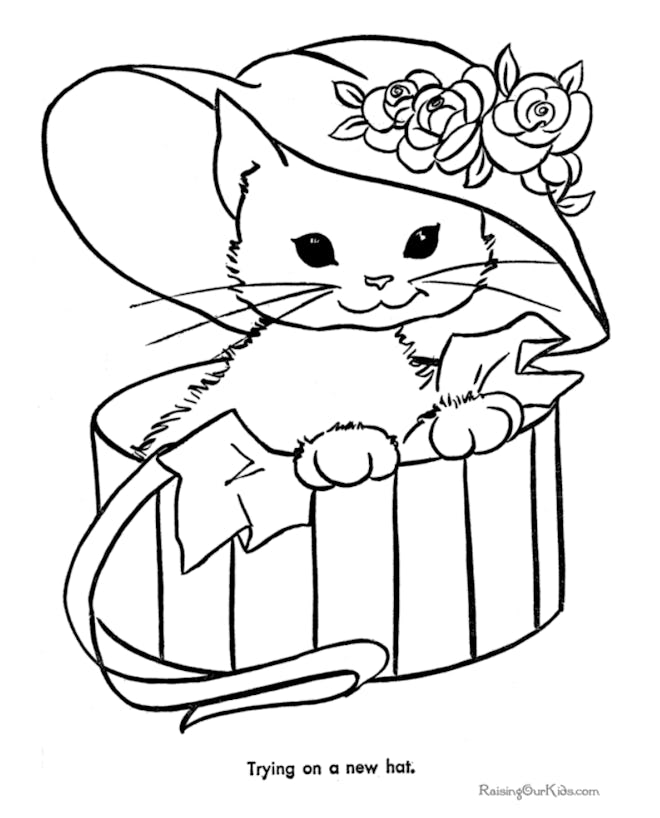 Cat coloring page; cat coming out of a box, wearing a floppy hat with flowers
