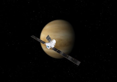 Artist’s impression of the BepiColombo spacecraft in cruise configuration, set against Venus. On its...