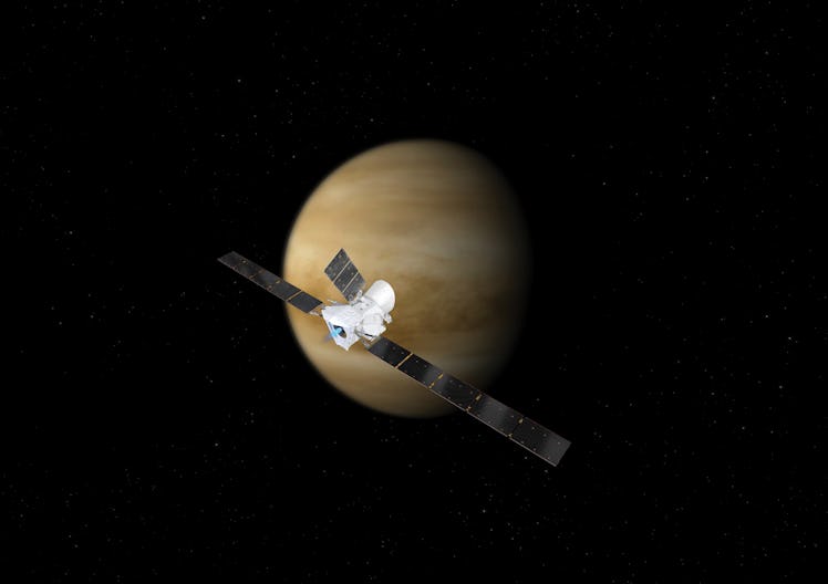 Artist’s impression of the BepiColombo spacecraft in cruise configuration, set against Venus. On its...
