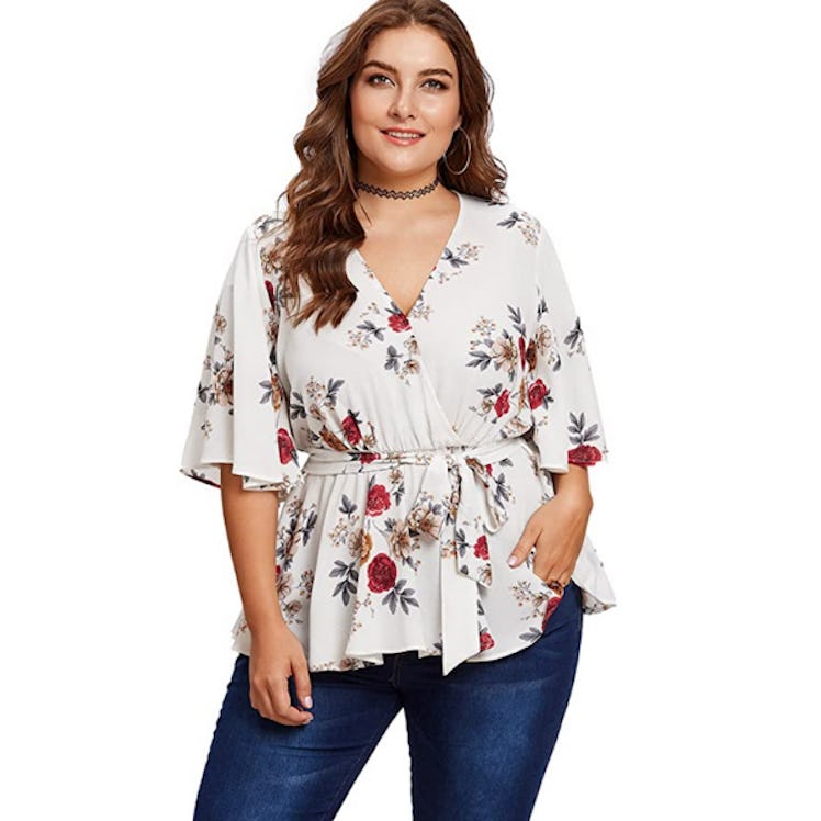 Romwe Plus Size Peplum Wrap Blouse