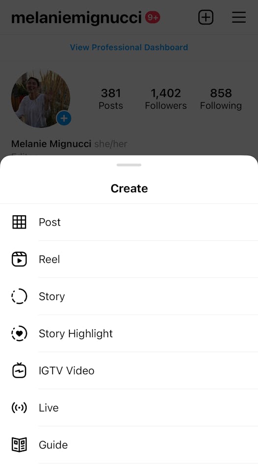 Screenshot of how to create a Guide on Instagram
