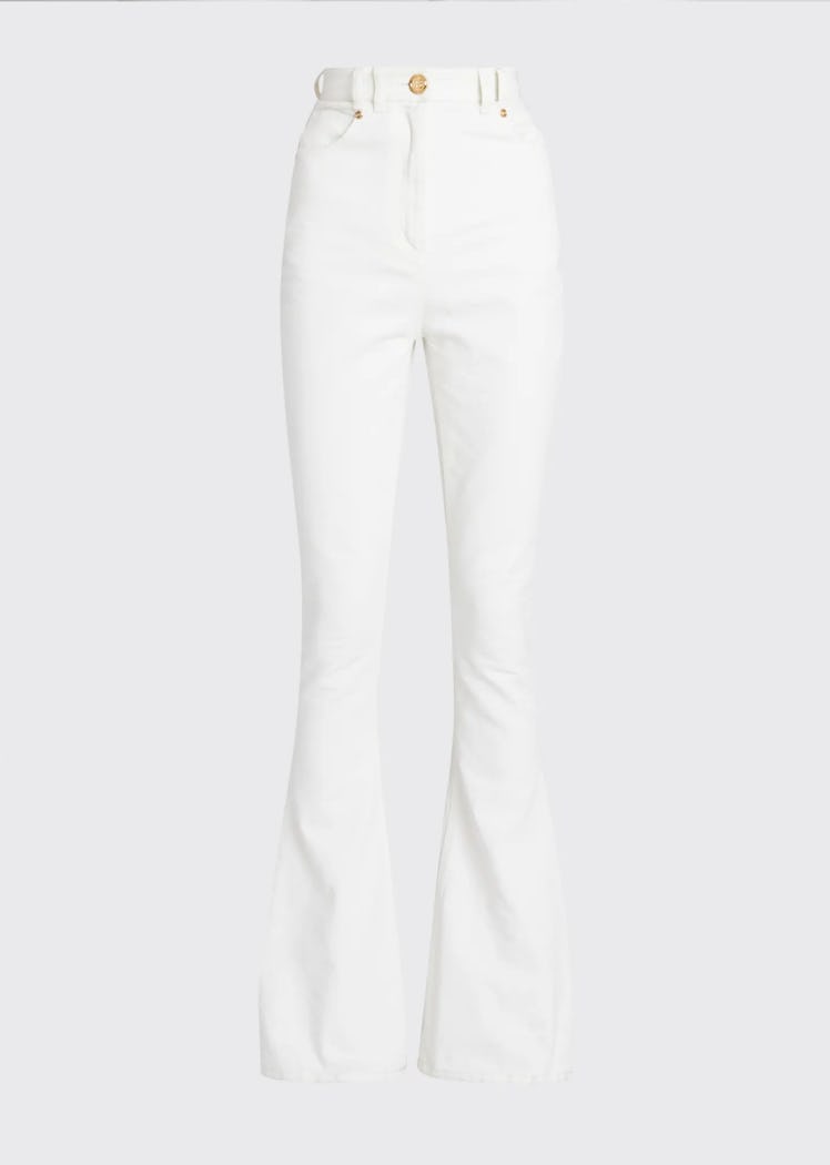 Balmain's high-waisted bootcut jeans in white. 