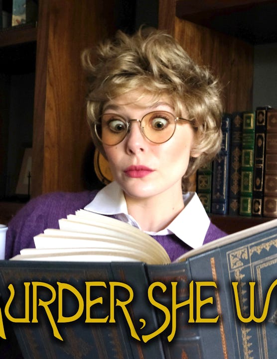 Elizabeth Olsen in a wig, holding a white cup and reading a book and the text 'Murder, she wrote'