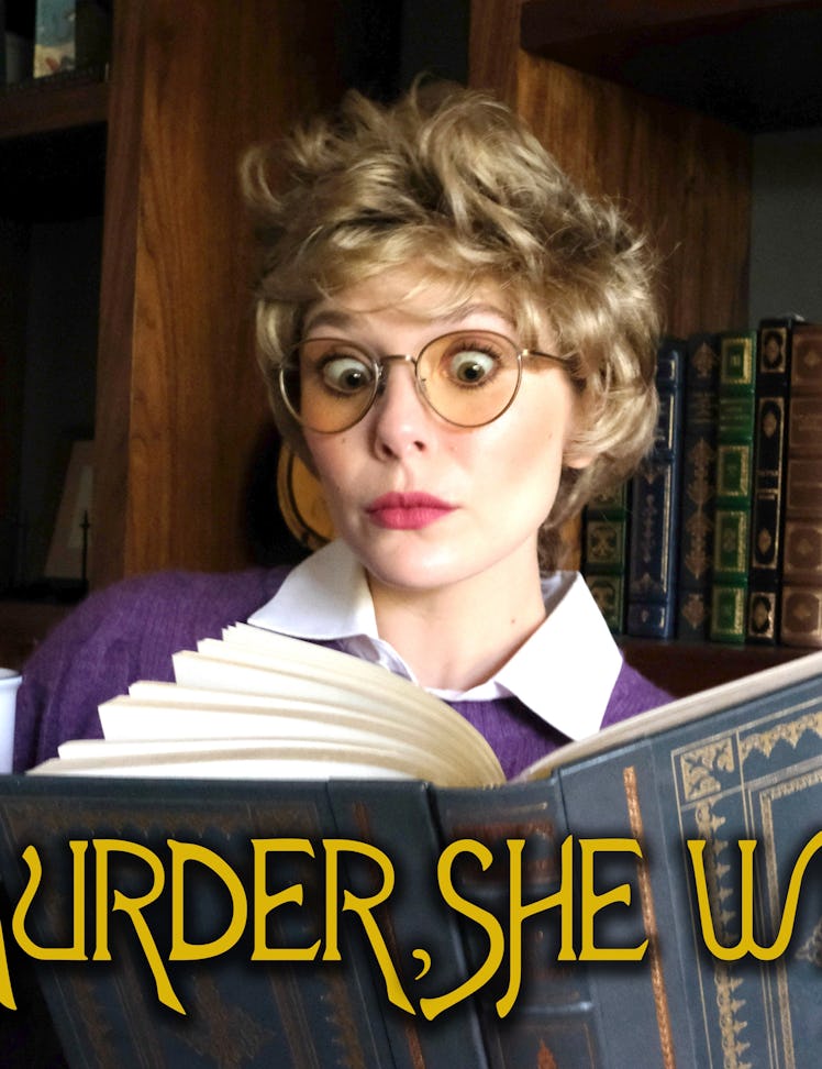 Elizabeth Olsen in a wig, holding a white cup and reading a book and the text 'Murder, she wrote'