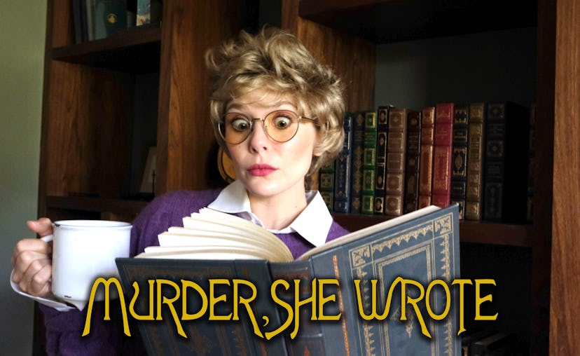 Elizabeth Olsen in a wig, holding a white cup and reading a book and the text 'Murder, she wrote'