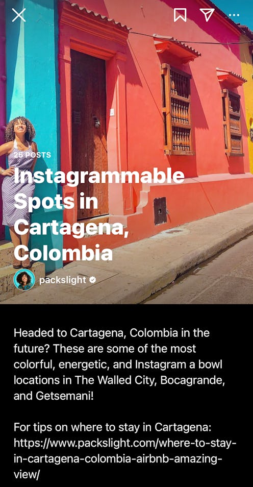 A screenshot of an Instagram Guide to Cartagena, Colombia. Here's how to use Instagram guides.