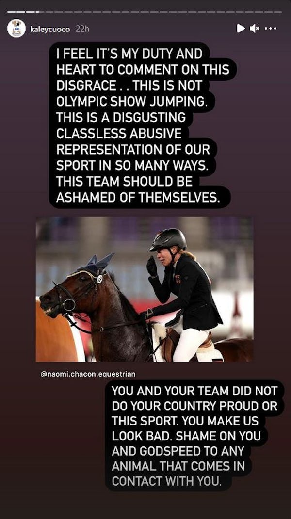 Kaley Cuoco slams a German rider and trainer after an "abusive" incident at the 2020 Tokyo Olympics.