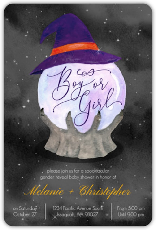 Halloween baby shower invite; Crystal ball with witch's hat that says "boy or girl" 