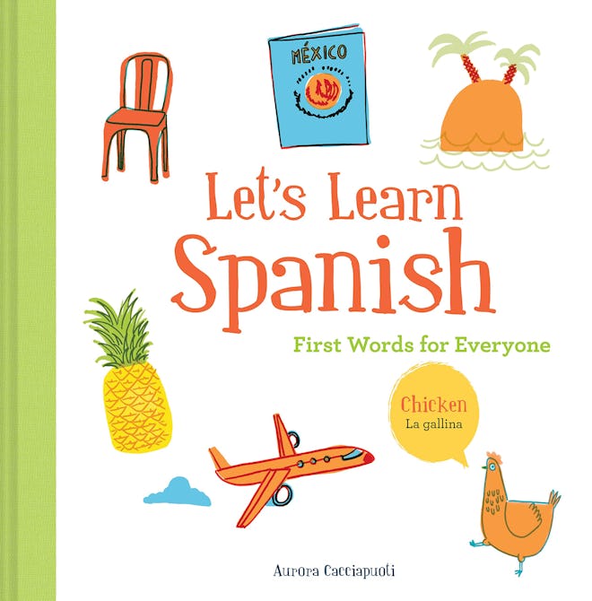 cover of Let's Learn Spanish word book with images of a chair, pineapple, plane, and chicken