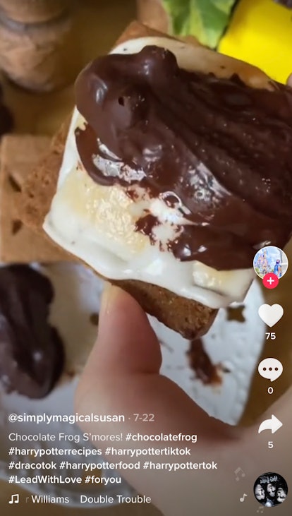 A person makes chocolate frog s'mores inspired by 'Harry Potter' from a recipe on TikTok, which woul...