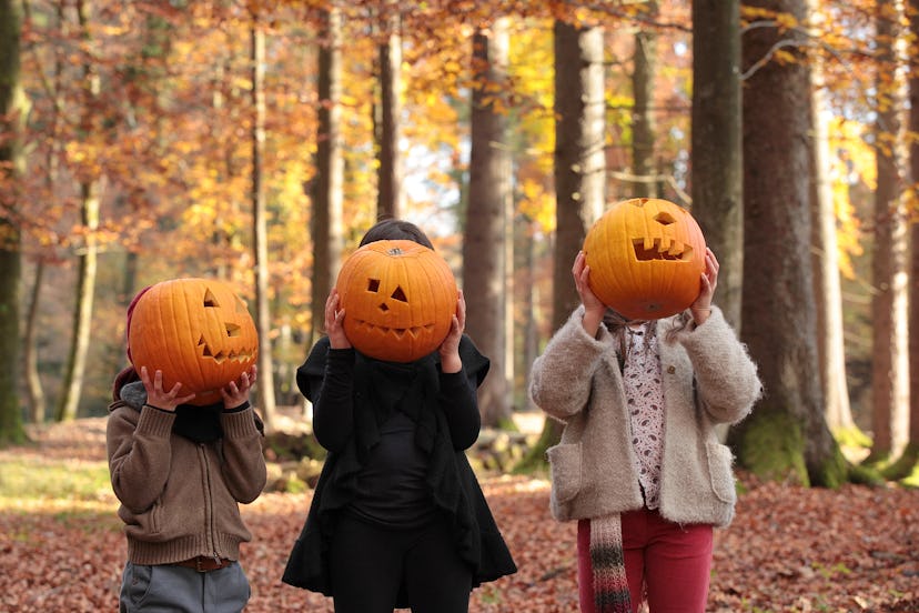 Three kids standing in a row in wooded area, holding Jack-o-lanterns over their faces