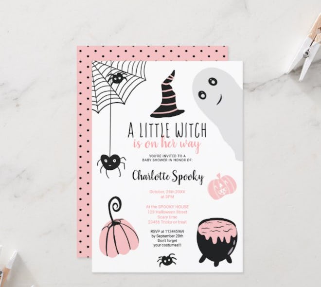 Halloween baby shower invitation; "A Little Witch" theme with pink, grey, and black graphics 