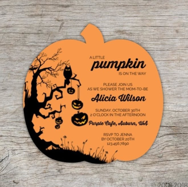 Halloween baby shower invitation; pumpkin shaped invite, orange with black lettering and designs