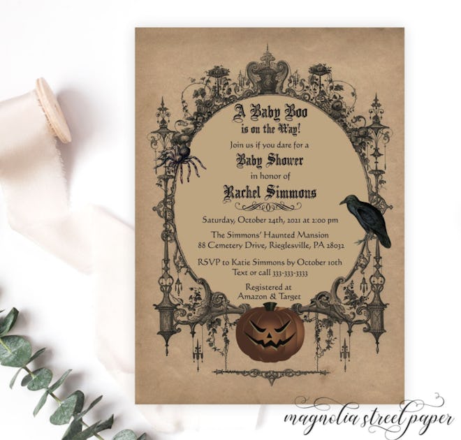 Halloween baby shower invitation; vintage style with Gothic designs and spooky Jack-o-lantern