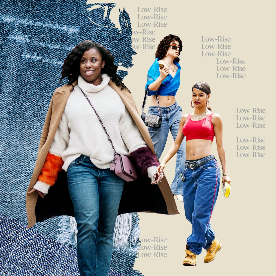 A collage of three women wearing low-rise jeans