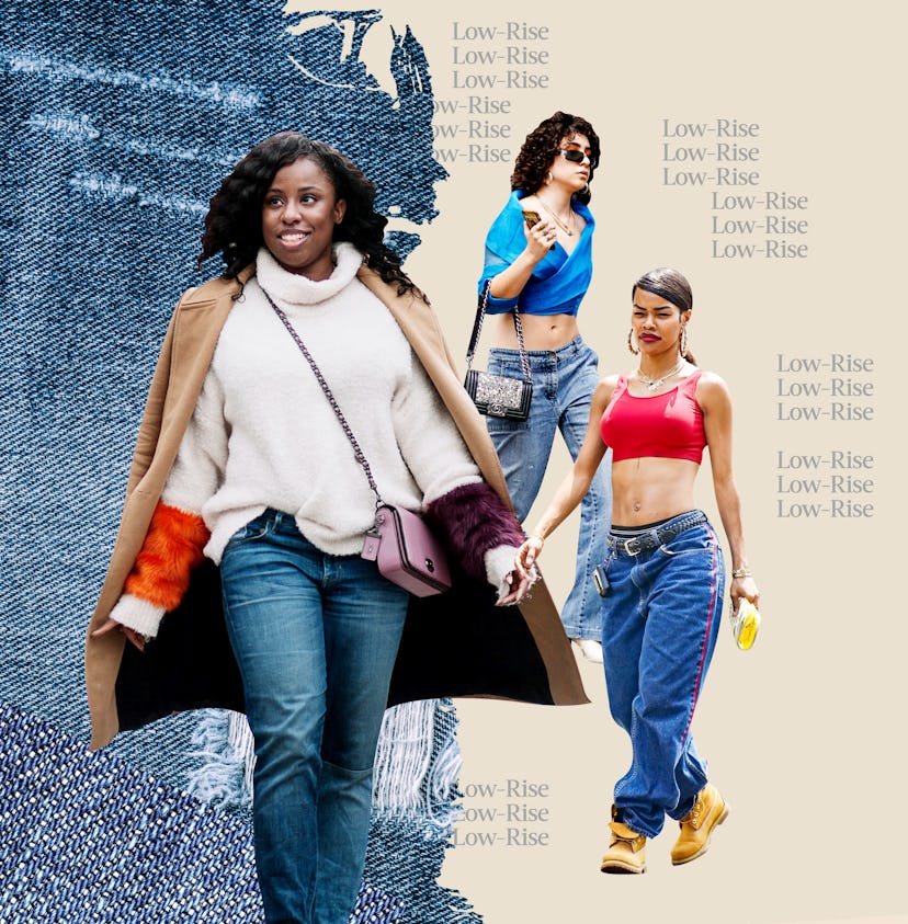 A collage of three women wearing low-rise jeans