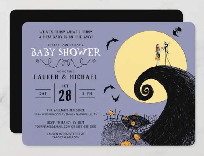 Halloween baby shower invitation; "A Nightmare Before Christmas" theme with Jack and Sally in front ...