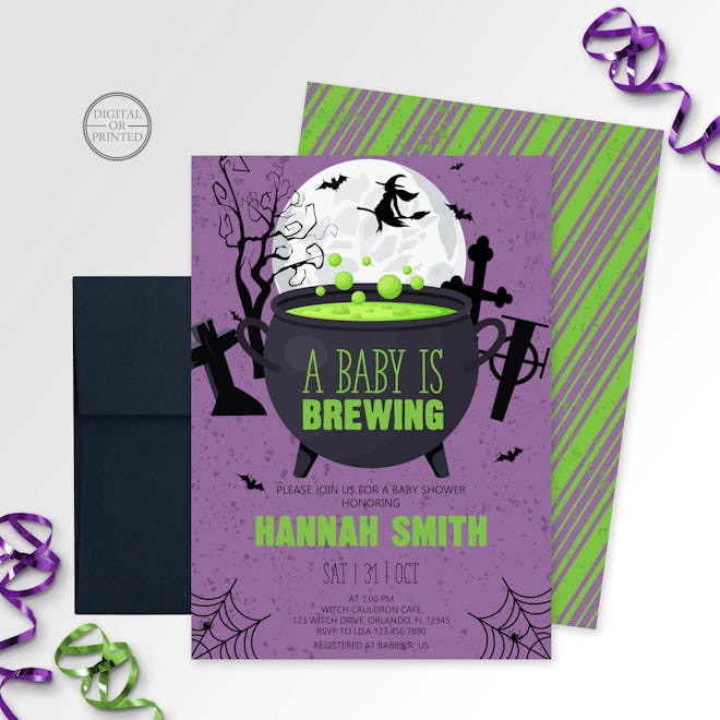 Halloween Baby Shower Invite; "A baby is brewing" theme with witch flying across a moon