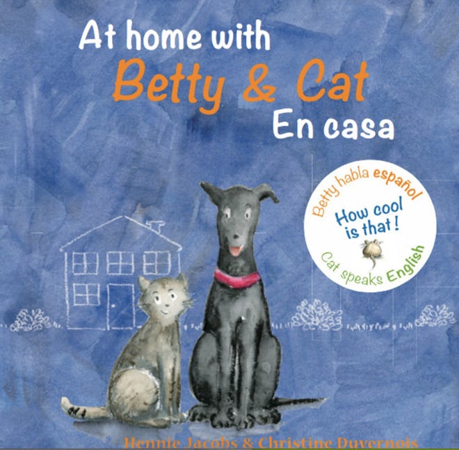 a bilingual spanish/  english book color showing a drawing of a cat and a dog side-by-side