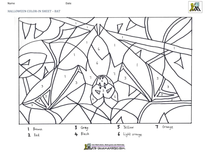 Halloween color-in sheet with bat will help your child identify numbers