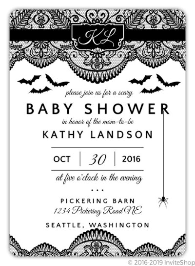 Halloween Baby Shower Invitation; black and white invite with lace, spiders, and bats