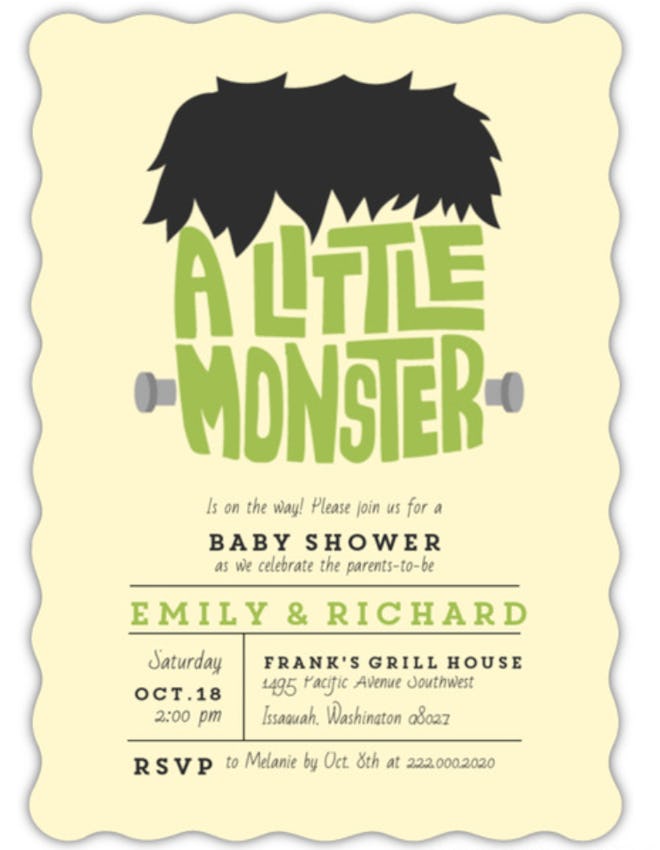 Halloween baby shower invitation; "A Little Monster" written out to look like Frankenstein's head 