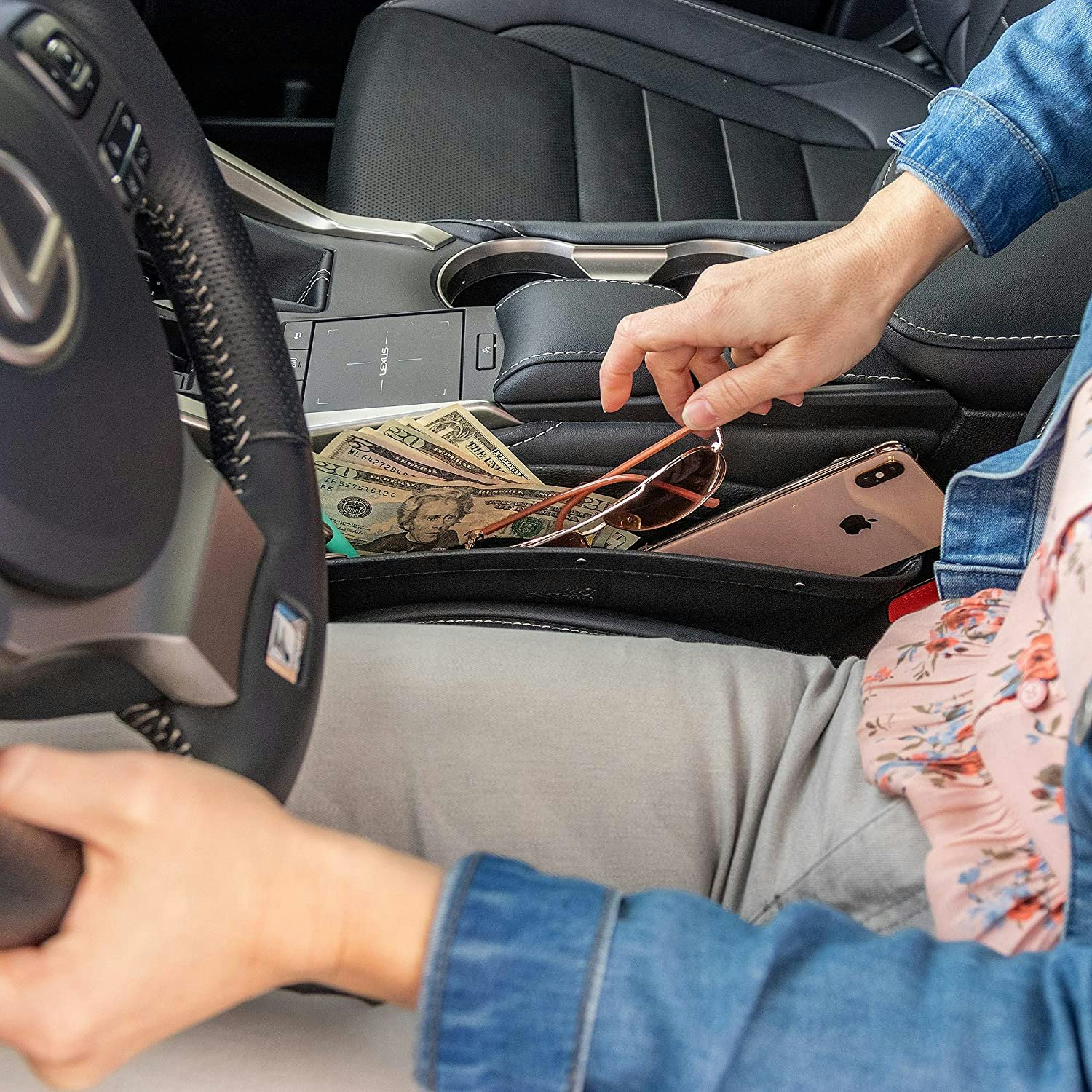 Leather Car Seat Gap Filler Cinch Organiser Sponge Filled Hold Phone Money  Keys.