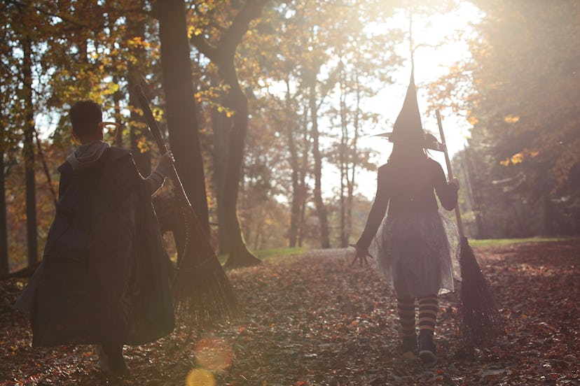 Kids dressed up in Halloween costumes, walking in wooded area, towards the sun