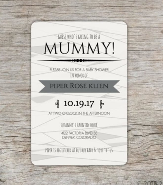 Halloween baby shower invite; "Mummy" theme with graphics that look like the invitation is wrapped u...