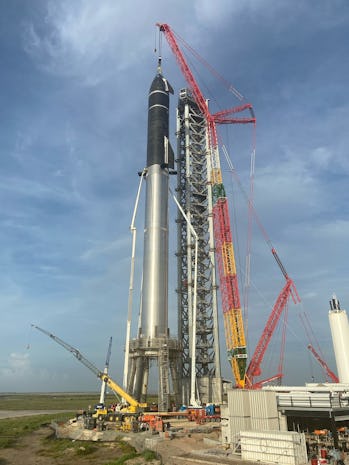 Musk's photo, shared via Twitter, of the fully-stacked Starship.