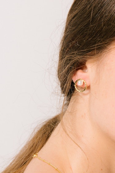 "Noemi" Gold Plated Hoop with Pearl Stud Earring