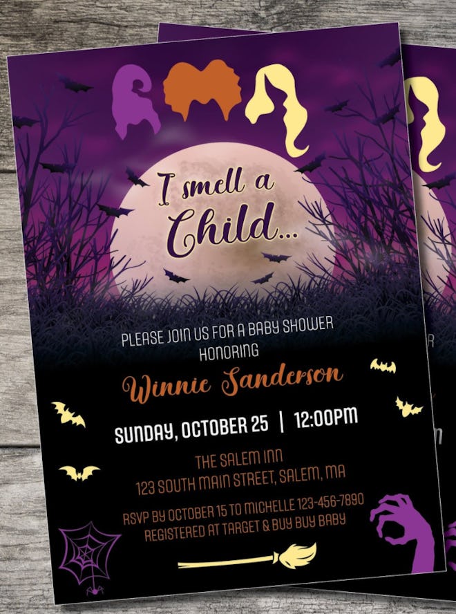 Halloween baby shower invite; "Hocus Pocus" theme with Sanderson sister graphicss