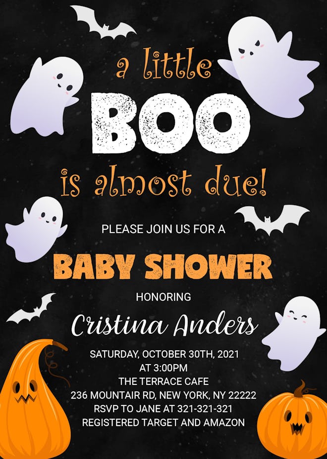 Halloween baby shower invite; Black invitation with white ghosts and orange pumpkins
