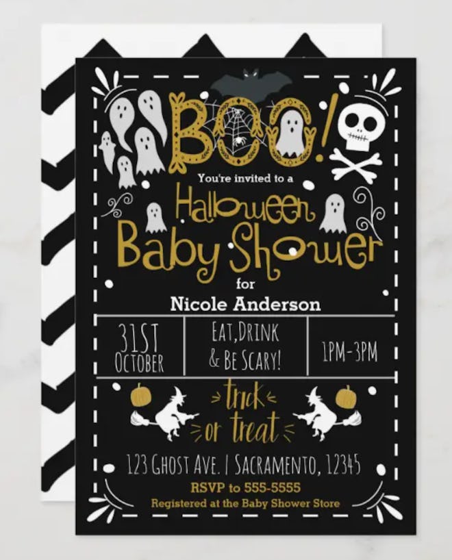 Halloween baby shower invitation; black with white writing, skulls, and ghosts 