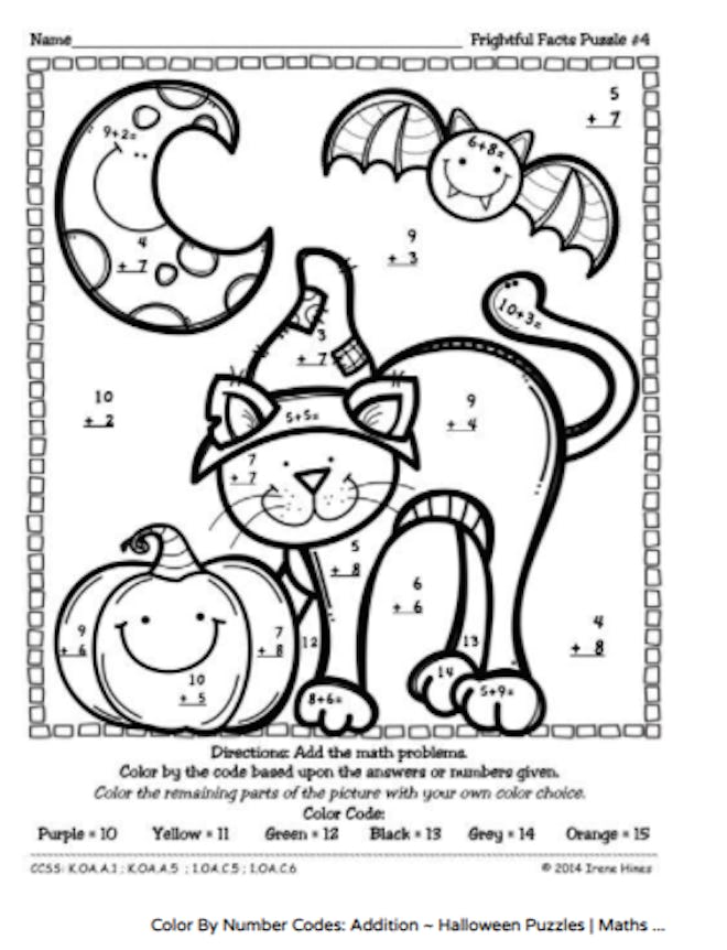 Halloween color-by-number sheet with math problems