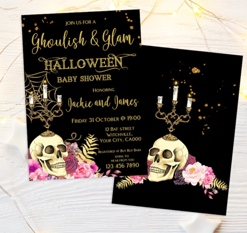 Front and back of Halloween baby shower invitation with a skull and candelabra 