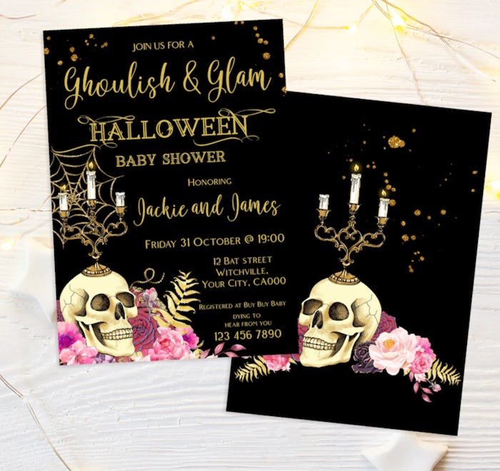 Front and back of Halloween baby shower invitation with a skull and candelabra
