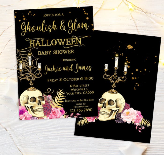 Front and back of Halloween baby shower invitation with a skull and candelabra 