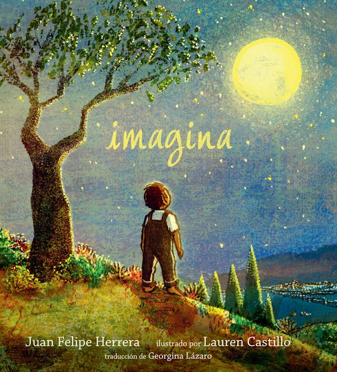 cover of Imagina Spanish children's book featuring a little boy looking at the moon